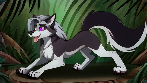 Loona hellhound, female wolf, white fur, hypnotized with completely glowing spiral multicolor eyes without iris or pupils, tongue out, walking on all fours paws, jungle background