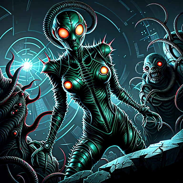 View from the top, horror art landscape, complex biomechanicals monuments, biomorphic beings from the 4th dimension, spiked walls, madness, thorns. Artstation, UHD, unreal engine, line art drawing style, Asian girl in space suit, ray gun, suit is torn open, tentacles attacking her