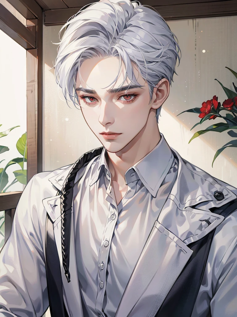 (masterpiece, Best Quality, absurdres, 8K resolution, HD wallpaper), cinematic lighting, raytracing, depth of field, Hyper Detailed, Ultra Detail,Haig Quality,sketch,1boy,matured male,Beautiful face,white hair,Handsome men,Pearl skin,white shirt,red eyes,Like a cat's eye,male in his 20s,relax in home, spiky silver hair, drop dead gorgeous, killer stare