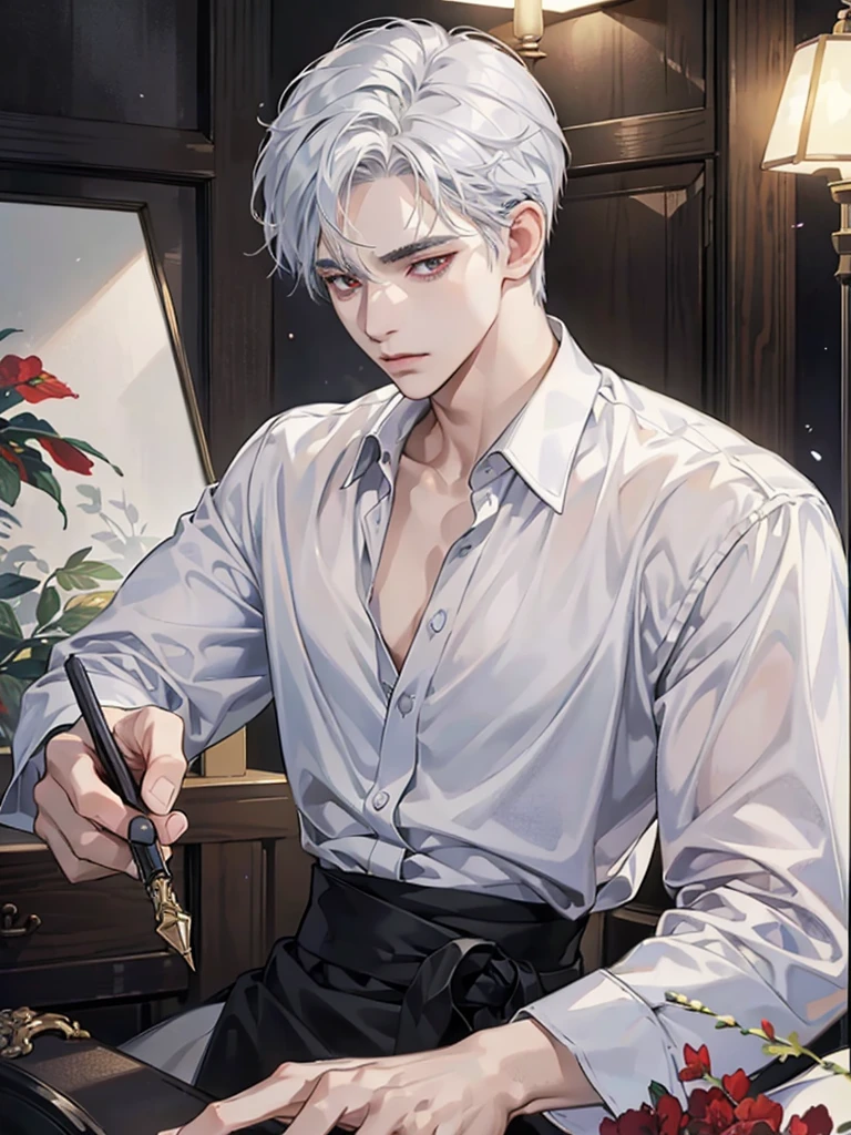 (masterpiece, Best Quality, absurdres, 8K resolution, HD wallpaper), cinematic lighting, raytracing, depth of field, Hyper Detailed, Ultra Detail,Haig Quality,sketch,1boy,matured male,Beautiful face,white hair,Handsome men,Pearl skin,white shirt,red eyes,Like a cat's eye,male in his 20s,relax in home, spiky silver hair, drop dead gorgeous, killer stare