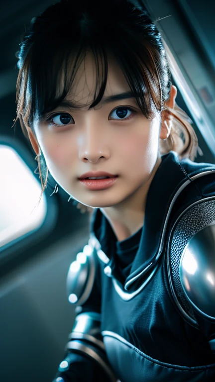 1girl in tight combat outfit, fighting against enemy, beautiful detailed eyes, beautiful detailed lips, extremely detailed face and features, intricate futuristic armor, dynamic action pose, dramatic lighting, cinematic camera angle, hyper-detailed, 8k, photorealistic, unreal engine, conceptart, muted color palette, moody atmosphere
