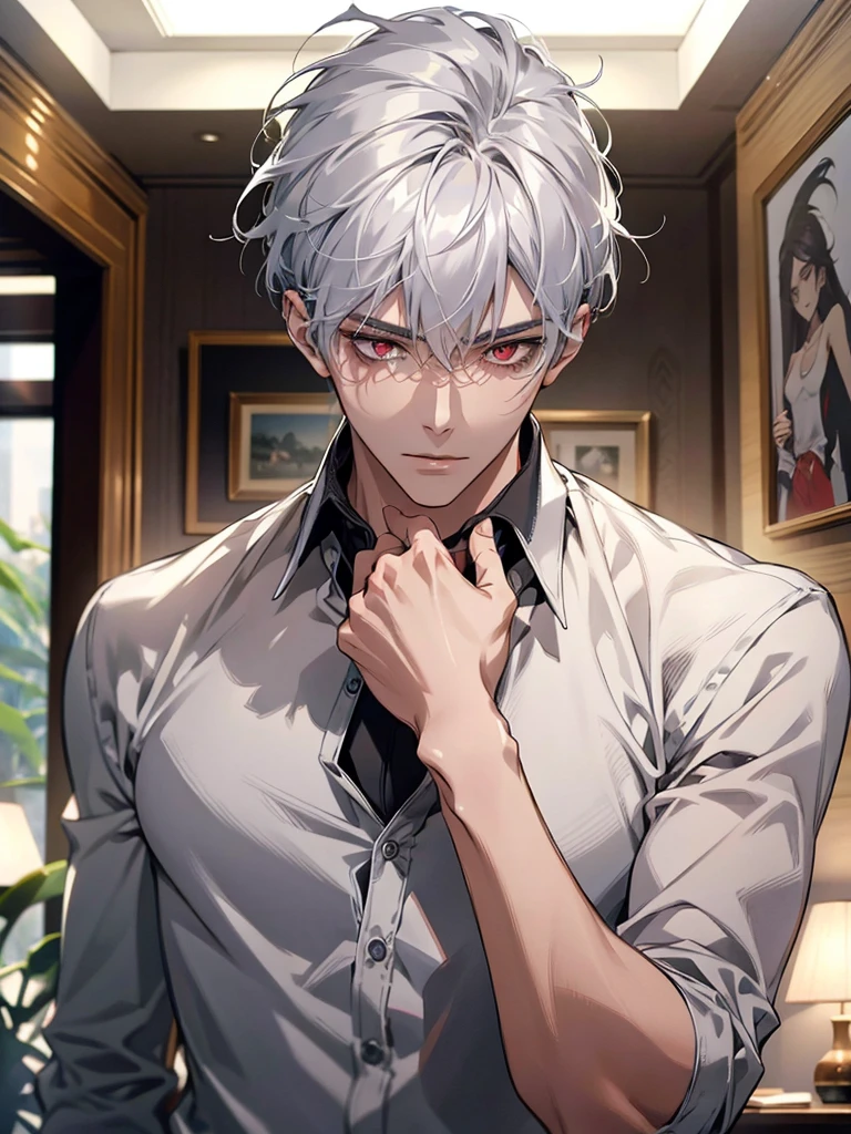 (masterpiece, Best Quality, absurdres, 8K resolution, HD wallpaper), cinematic lighting, raytracing, depth of field, Hyper Detailed, Ultra Detail,Haig Quality,sketch,1boy,matured male,Beautiful face,white hair,Handsome men,Pearl skin,white shirt,red eyes,Like a cat's eye,male in his 20s,relax in home, spiky silver hair, drop dead gorgeous, killer stare