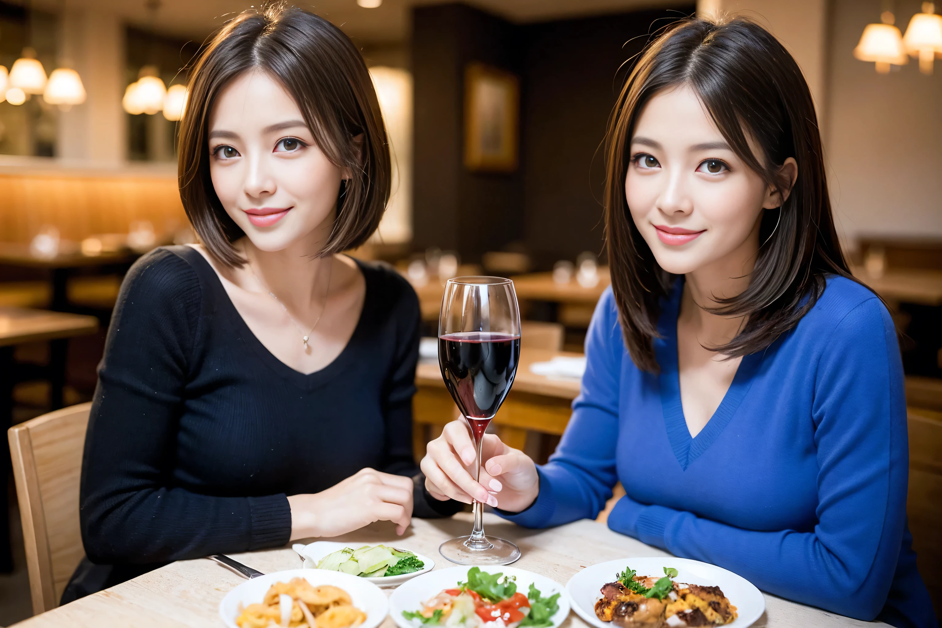 ((highest quality、8k、masterpiece:1.3))、1 male、1 woman who resembles Satomi Ishihara、Couple、Spouse、Couple、The body is slim、((Bob Hale、Straight hair:1.2)), (Realistic, Intricate details:1.2), Wine glass on the table、Put the light on your face、 Amazing view of the sunset sky and clouds、Amazing mountain views、A bright smile、The wonderfulness of smile、Bright image、The beauty of wine, Beautiful Face, blue eyes, The light shines on your face, Blushing, short hair,Bright Face、 (Age 42), 39 years old, red wine 、Appetizers、Italian food、Wine bottle、Champagne、sparkling wine、Two beauties、Brown Hair、Shortcuts、Long sleeve shirt、dress、Pretty Woman 1, (Slim face), (The body is slim), (Brown Hair), (Shortcuts), cheeks turn a little red,Attractive beauty、restaurant, In a prominent place (From the waist up) Nova Frog Style, actress, model, Upper Body, White wine, slim, wine glass, A wine glass placed in the center, smile, (smile: 1.15), Beautiful fine grain, Depth f/2,saturation, High Contrast, Strong light and shadow,Moist Body:1.5、3D texture、Delicate eyes、Brown Hair、The hair is very shiny、