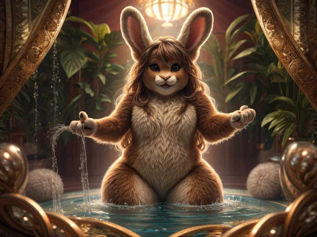 (Mucha style) , Bokeh , naked Photo session advertisement , Hallucination, daydream , realistic hairy fur , messy female rabbit , in the luxury hotel bathroom , artistic porn pose , erotica , show off Private parts , can not stand it any longer, Squirting pee , Water droplets splashing , round face , moist round eyes , Swollen cheeks , hair ties , big smile