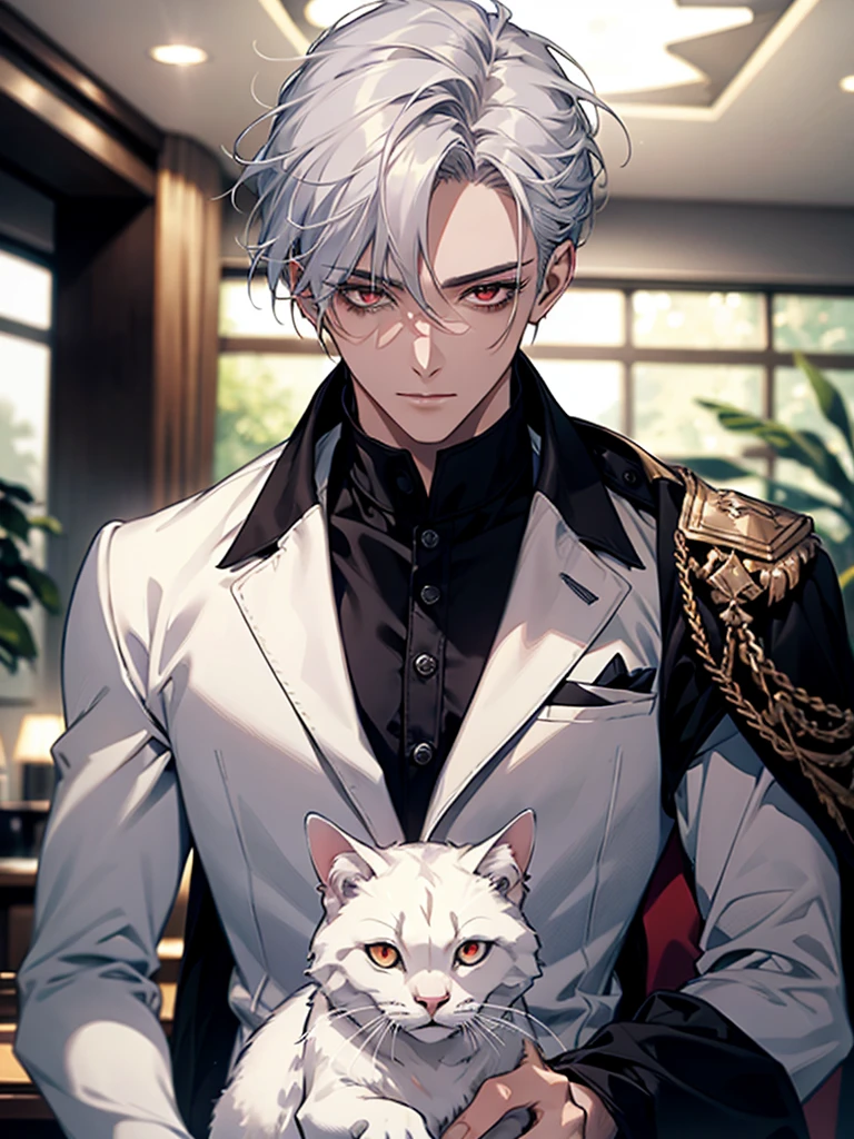 (masterpiece, Best Quality, absurdres, 8K resolution, HD wallpaper), cinematic lighting, raytracing, depth of field, Hyper Detailed, Ultra Detail,Haig Quality,sketch,1boy,matured male,Beautiful face,white hair,Handsome men,Pearl skin,white shirt,red eyes,Like a cat's eye,male in his 20s,relax in home, spiky silver hair, drop dead gorgeous, killer stare