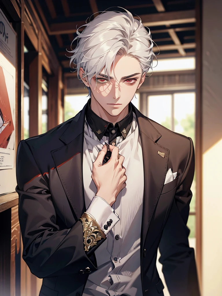 (masterpiece, Best Quality, absurdres, 8K resolution, HD wallpaper), cinematic lighting, raytracing, depth of field, Hyper Detailed, Ultra Detail,Haig Quality,sketch,1boy,matured male,Beautiful face,white hair,Handsome men,Pearl skin,white shirt,red eyes,Like a cat's eye,male in his 20s,relax in home, spiky silver hair, drop dead gorgeous, killer stare