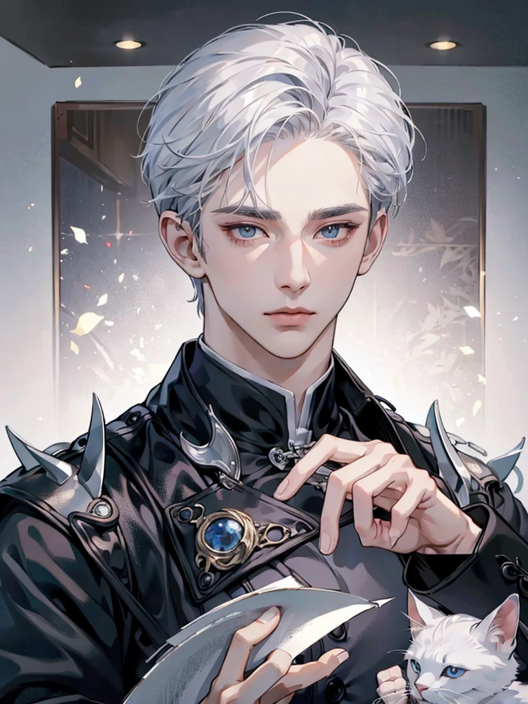 (masterpiece, Best Quality, absurdres, 8K resolution, HD wallpaper), cinematic lighting, raytracing, depth of field, Hyper Detailed, Ultra Detail,Haig Quality,sketch,1boy,matured male,Beautiful face,white hair,Handsome men,Pearl skin,white shirt,red eyes,Like a cat's eye,male in his 20s,relax in home, spiky silver hair, drop dead gorgeous, killer stare