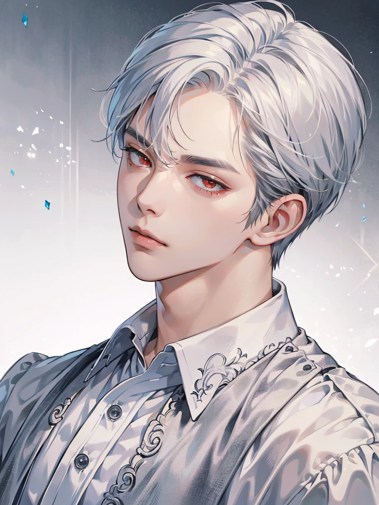(masterpiece, Best Quality, absurdres, 8K resolution, HD wallpaper), cinematic lighting, raytracing, depth of field, Hyper Detailed, Ultra Detail,Haig Quality,sketch,1boy,matured male,Beautiful face,white hair,Handsome men,Pearl skin,white shirt,red eyes,Like a cat's eye,male in his 20s,relax in home, spiky silver hair, drop dead gorgeous, killer stare