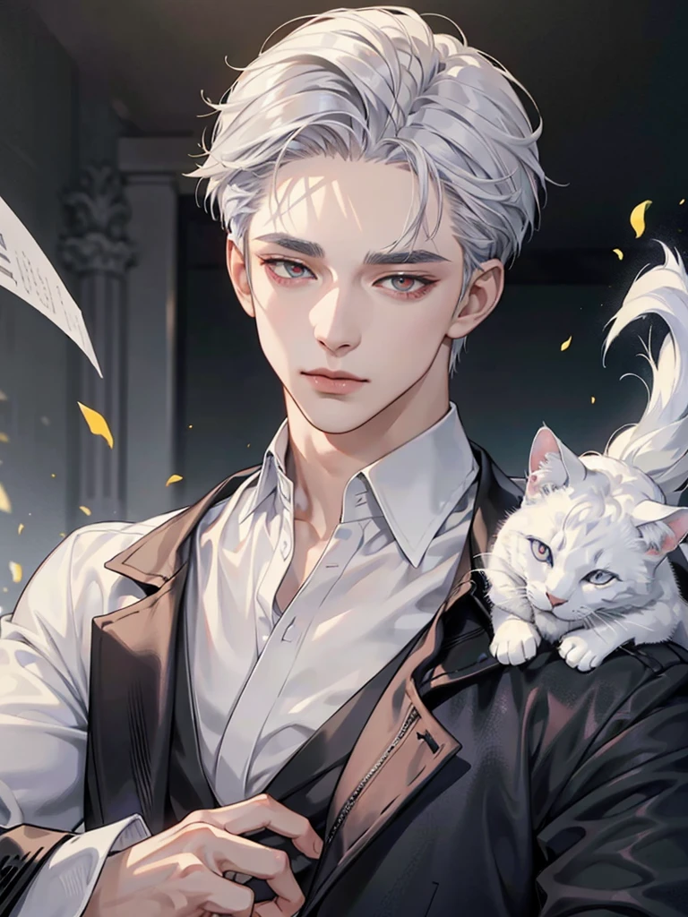 (masterpiece, Best Quality, absurdres, 8K resolution, HD wallpaper), cinematic lighting, raytracing, depth of field, Hyper Detailed, Ultra Detail,Haig Quality,sketch,1boy,matured male,Beautiful face,white hair,Handsome men,Pearl skin,white shirt,red eyes,Like a cat's eye,male in his 20s,relax in home, spiky silver hair, drop dead gorgeous, killer stare
