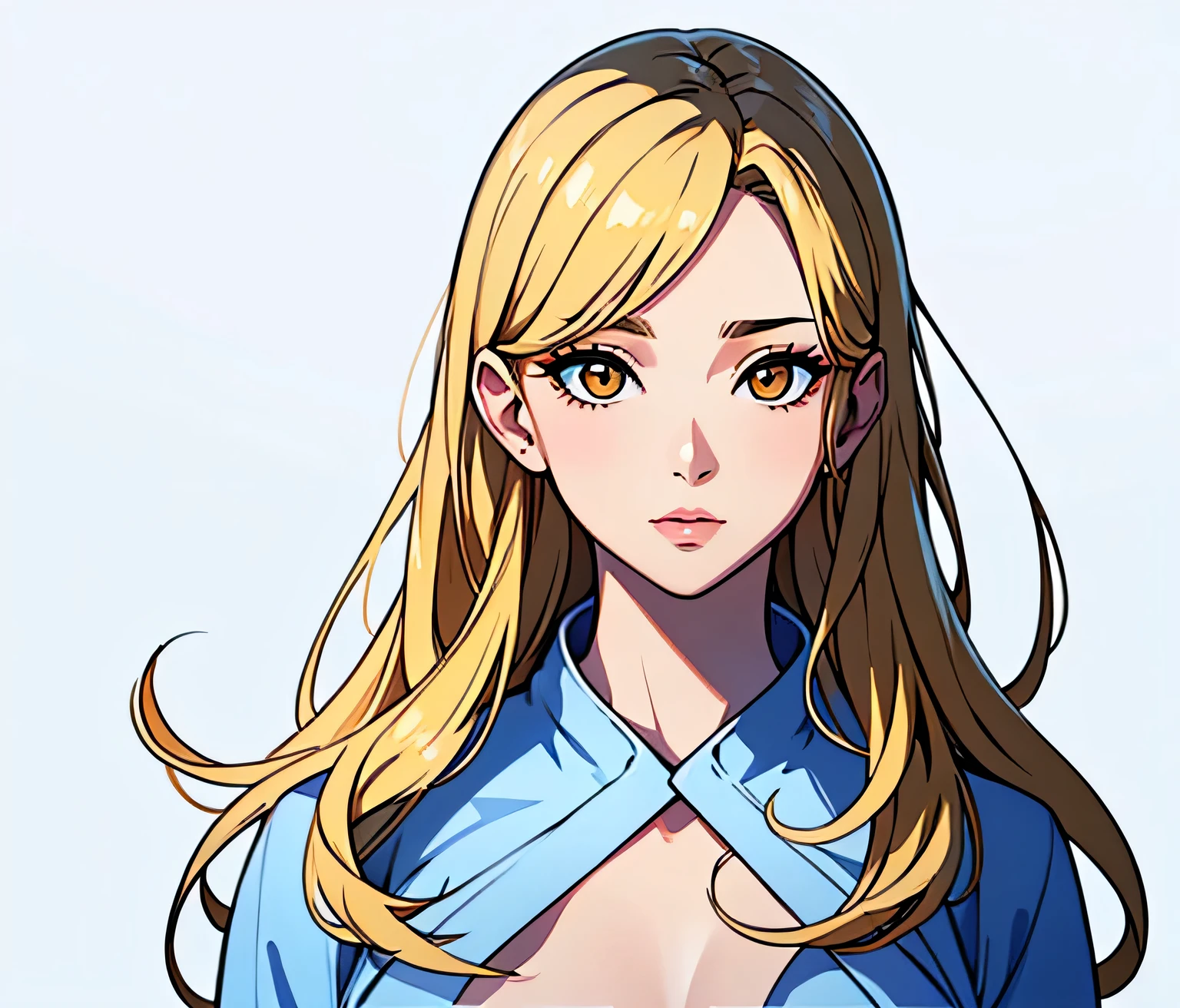 a pretty woman looking this way、(highest quality, Natural light)、Stylish, blonde hair, golden eyes, white background,