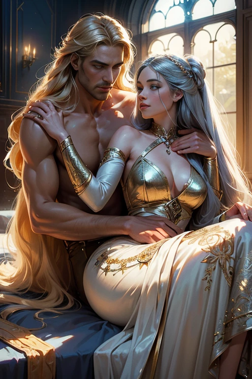 (masterpiece, highest quality, high resolution, 8k, difficulty: 1.2) photorealistic book cover in the genre of epic romantic fantasy, centered on a COUPLE (man and woman). Spring romantic fantasy in the center - a handsome tall, handsome manly young man with long white hair up to half of his body, with a beautiful face stands behind a beautiful incredibly beautiful young femme fatale with long golden hair in a bright French dress, proportional, delicate, shimmering, beautiful faces, daytime bokeh, a fairy tale, mysterious, light spring color scheme, (The best quality, 8K, high resolution,Masterpiece: 1,2), Over-detailed (Realistic, Photorealistic, photorealistic-realistic: 1,37), Artistic design in a creative style, Historical, classic, Exquisite, lots of colors, High detail, soft lighting, luxurious furnishings, dress with details, Bright flowers, exquisite jewelry, Unearthly atmosphere, Elegant pose, Graceful curves, Golden body proportions, Loose hair, Breathtaking textile patterns, Piercing blue eyes, Delicate floral decor, Dazzling set of crystal accessories, Mysterious and dreamy atmosphere, Impeccable attention to detail.