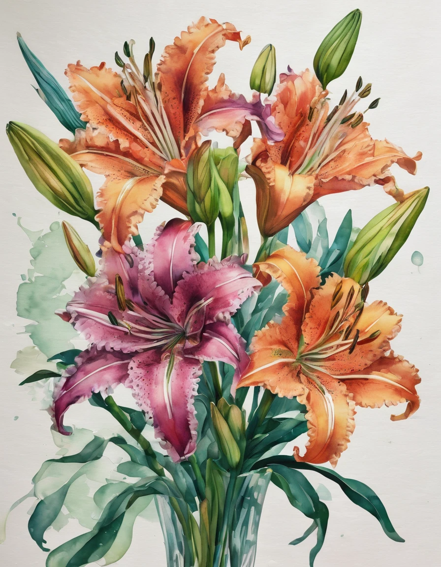 contato duplo,An explosion of translucent rainbow-colored lilies,corpo feminino realista,Renderizado por Octane,motor irreal,Rococo paper cut,aquarela verde e branca,