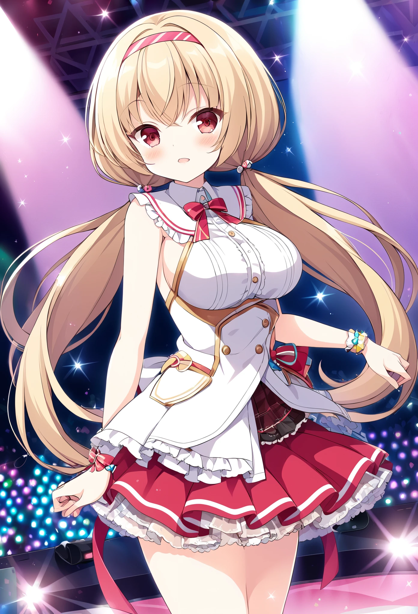 nishinoayane, red eyes, long hair, blonde hair, hairband, Lower twintails,, large breasts,, Live Stage, solo