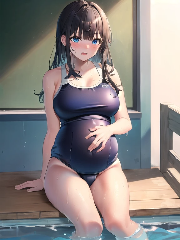 (masterpiece:1.3), (Absurd:1.3), (highest quality:1.3), The Hands of Guido Daniele, (Very detailed:1.3), (Best Shadow:0.7), (Processed Hair), One girl, alone, S1, aizawa ema, , (medium Breasts:0.9), (pregnant:1.2), (thick thighs:0.7), (Black hair:1.4), Asymmetrical bangs, Blunt bangs, blue eyes, (one-piece swimsuit:1.4), (school swimsuit:1.4), (Blue swimsuit:1.4), no bra, (nipple shape:1.0), no socks, cute face, panic face, (embarrassed:1.0), wet, wet hair, in the pool, inside,