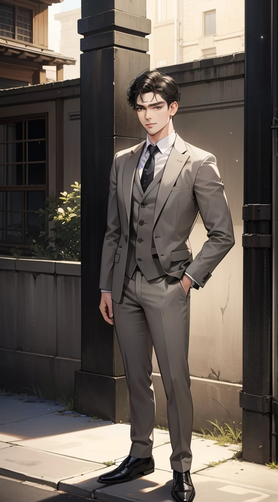masterpiece, best quality, realistic, 1man, mature male, quiet and charming young man, 35 year old, serious look, closed mouth, portrait, extremely detailed face, cold smile, ((dark grey eyes)), ((short-right-swept dark Black hair)), [thick eyebrows], ((suit)), handsome, full body, western, Jewish, light brown skin,