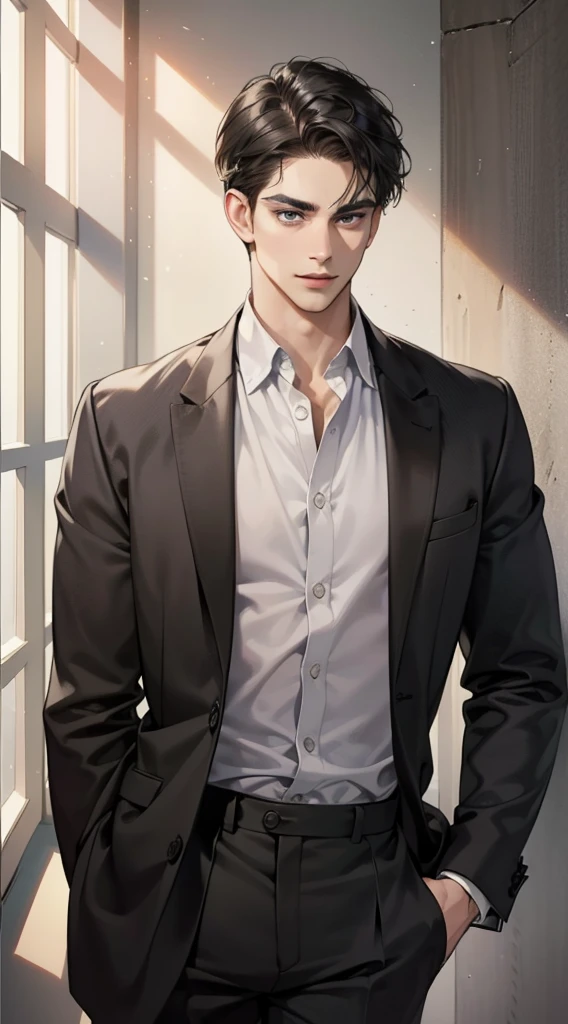 masterpiece, best quality, realistic, 1man, mature male, quiet and charming young man, 35 year old, serious look, closed mouth, portrait, extremely detailed face, cold smile, ((dark grey eyes)), ((short-right-swept dark Black hair)), [thick eyebrows], ((suit)), handsome, full body, western, Jewish, light brown skin,