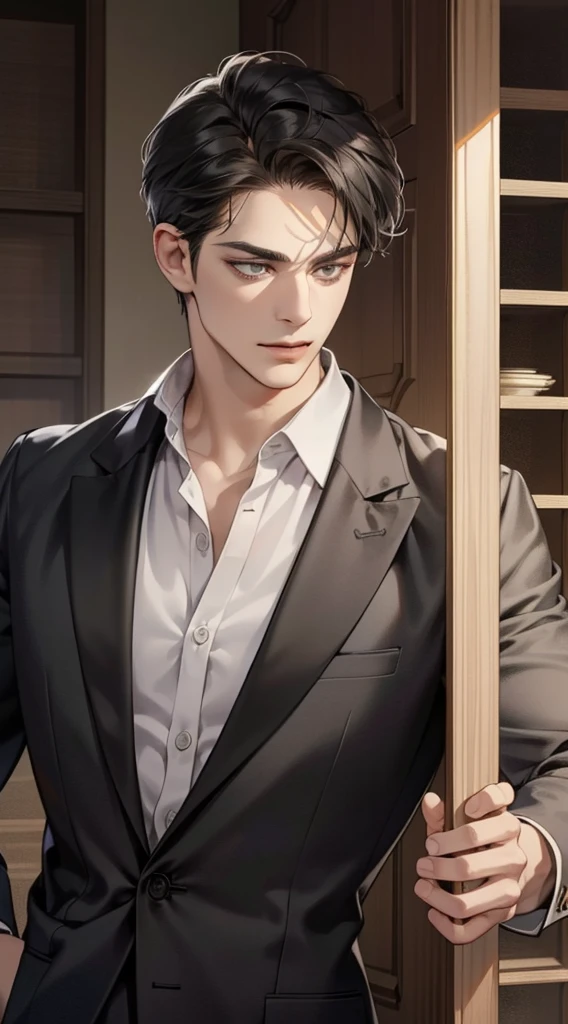 masterpiece, best quality, realistic, 1man, mature male, quiet and charming young man, 35 year old, serious look, closed mouth, portrait, extremely detailed face, cold smile, ((dark grey eyes)), ((short-right-swept dark Black hair)), [thick eyebrows], ((suit)), handsome, full body, western, Jewish, light brown skin,