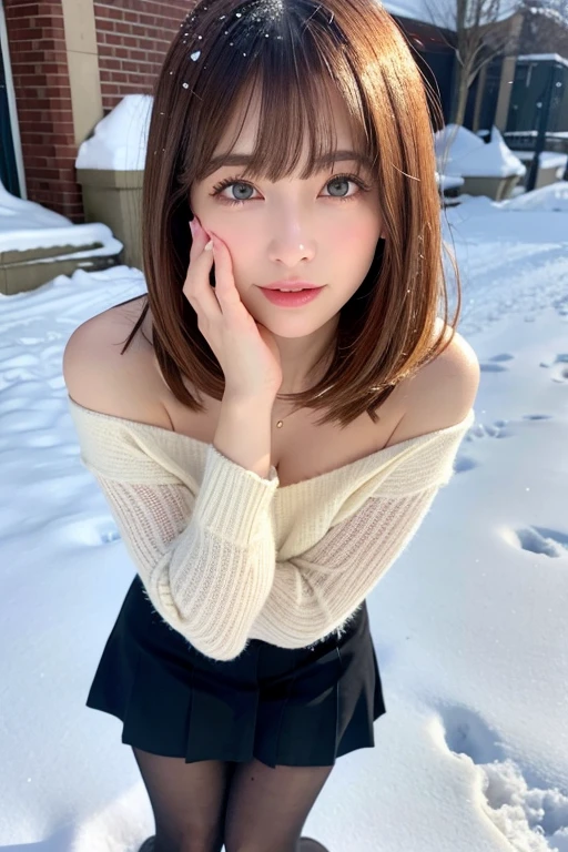 ((highest quality)), ((masterpiece)), (detailed), Perfect face, beautiful white skin、Chestnut-colored hair that changes with the light、Long bangs between the eyes that block vision、Cheek gloss highlighter、Sexy and very beautiful、Nice gorgeous face、The most beautiful face in the world、Short Bob、Smooth straight hair、Medium chest、Beautiful breasts、Cleavage、Big, bright eyes、Beautiful Bangs、Beautiful and beautiful woman、Small Face Beauty、A loose white wool sweater、Off the shoulder、Tight mini skirt、Black thick pantyhose、Snow Boots、Snow boots、Full Body Shot、Beautiful thighs、Snow Scene、