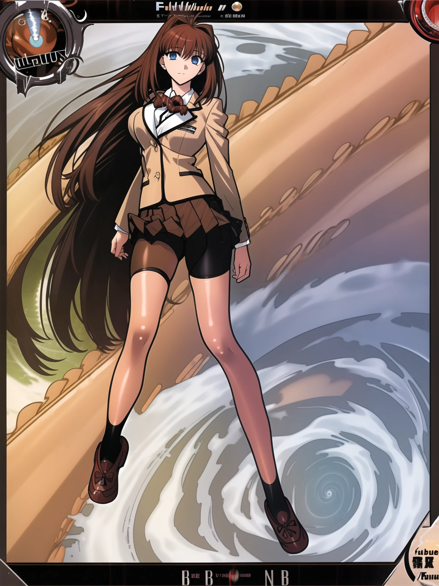 BREAK, (EMPTY BACKGROUND), BREAK (masterpiece:1.2), best quality, high resolution, 8k, illustration, (beautiful detailed eyes:1.6), extremely detailed face, extremely detailed body, CG, perfect hands, perfect anatomy, (((1girl))), ((solo)), ((((bbaoko))), (((2 legs max))), (((2 feet max:1.6))), ((swirling vortex shaped longest brown hair:1.5)), (brown longest hair with slightly reddish undertone:1.6), (lush luscious longest brown hair:1.6), (very long voluminous longest brown hair:1.5), serious, blue eyes, red bowtie, (Form-fitting beige blazer:1.5), brown jacket, (highly detailed beautiful face:1.2), (white shirt:1), (well shaped large breasts:1.6), (nice hips:1), (((Umber pleated thigh-high skirt:1.6))), (((black bike shorts:1.4))), (2 nice thighs:1.6), (high black socks:1.6), (strap shoes brown color), (facing front:1.5), ((standing straight:1.5)), ((Fullbody in frame:1.6)), ((Full body:1.5)), (takeuchi takashi:1.5)