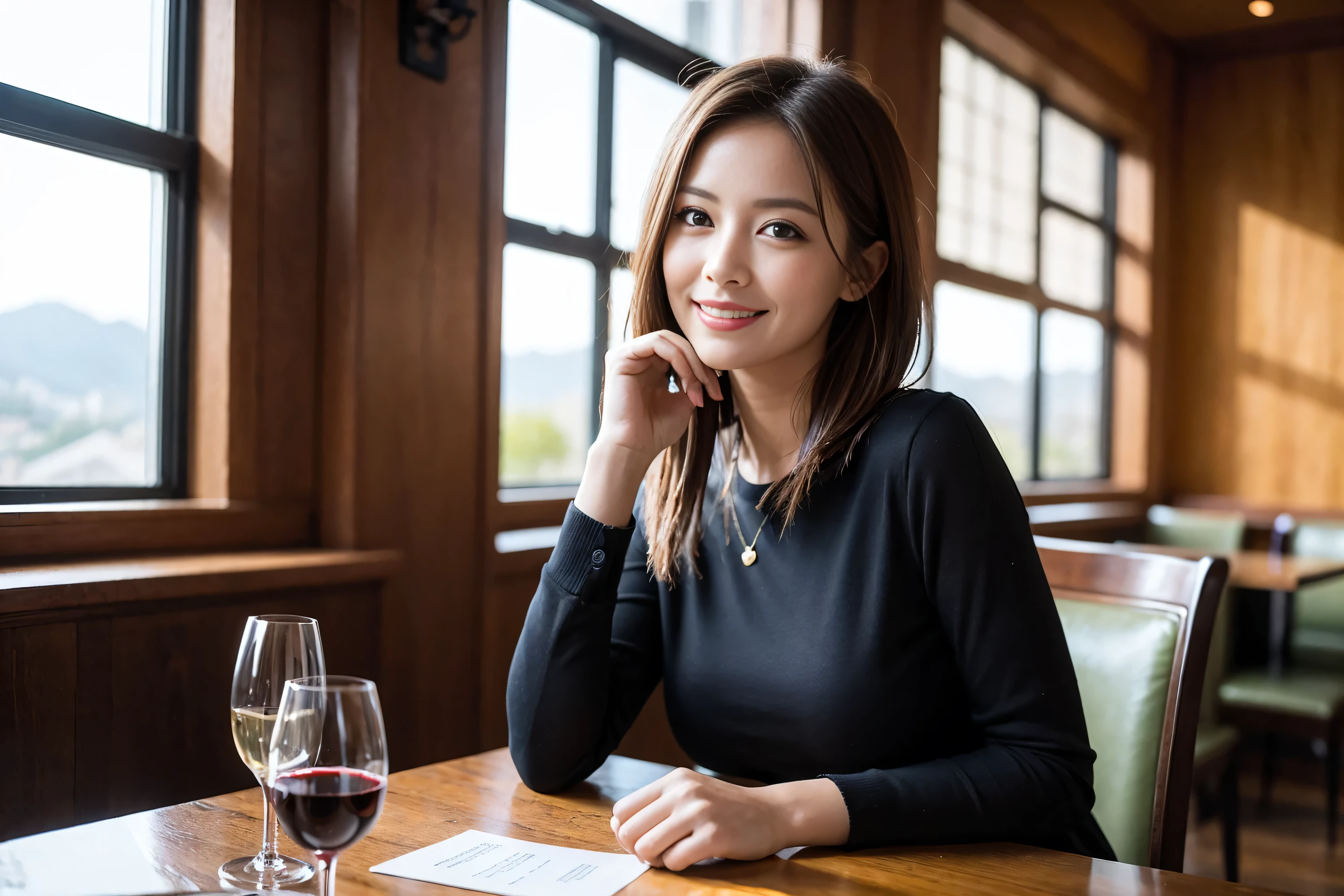 ((highest quality、8k、masterpiece:1.3))、1 male、1 woman who resembles Satomi Ishihara、Couple、Spouse、Couple、The body is slim、((Bob Hale、Straight hair:1.2)), (Realistic, Intricate details:1.2), Wine glass on the table、Put the light on your face、 Amazing view of the sunset sky and clouds、Amazing mountain views、A bright smile、The wonderfulness of smile、Bright image、The beauty of wine, Beautiful Face, blue eyes, The light shines on your face, Blushing, short hair,Bright Face、 (Age 42), 39 years old, red wine 、Appetizers、Italian food、Wine bottle、Champagne、sparkling wine、Two beauties、Brown Hair、Shortcuts、Long sleeve shirt、dress、Pretty Woman 1, (Slim face), (The body is slim), (Brown Hair), (Shortcuts), cheeks turn a little red,Attractive beauty、restaurant, In a prominent place (From the waist up) Nova Frog Style, actress, model, Upper Body, White wine, slim, wine glass, A wine glass placed in the center, smile, (smile: 1.15), Beautiful fine grain, Depth f/2,saturation, High Contrast, Strong light and shadow,Moist Body:1.5、3D texture、Delicate eyes、Brown Hair、The hair is very shiny、
