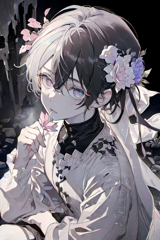 ((A ruined city full of rubble)),(After the war),((Vast landscape covered with rubble)),(A boy in ragged clothes),((black hair)),(Lifeless eyes),((sit down，Place your knees on the ground on both sides)),((Look up at me)),(Mouth sLightly open),((Light pink eyes)),((monochrome world)),((Black,grey,Light)),((Hair accessories decorated with many dark pink jewels)),((holding a flower in hand)),((View from directly above)),(Sharp eye Light),(((Adult male))),Face clarity，The white of the eye is distinct，Five fingers，Expressionless