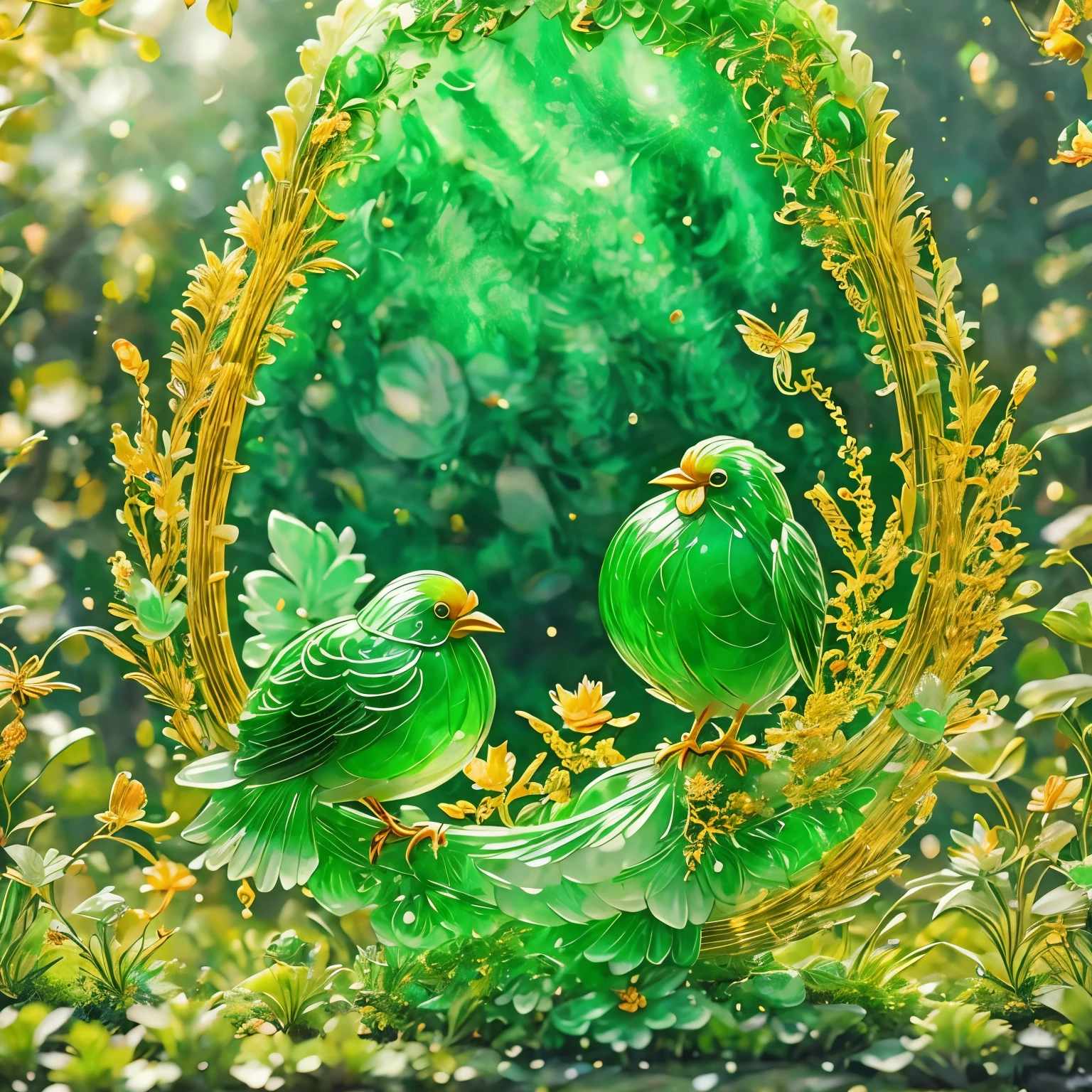 best quality, very good, 16K, ridiculous, Very detailed, Beautiful birds，Made of translucent jadeite, Background grassland（（A masterpiece full of fantasy elements）））， （（best quality））， （（Intricate details））（8K）（HD）