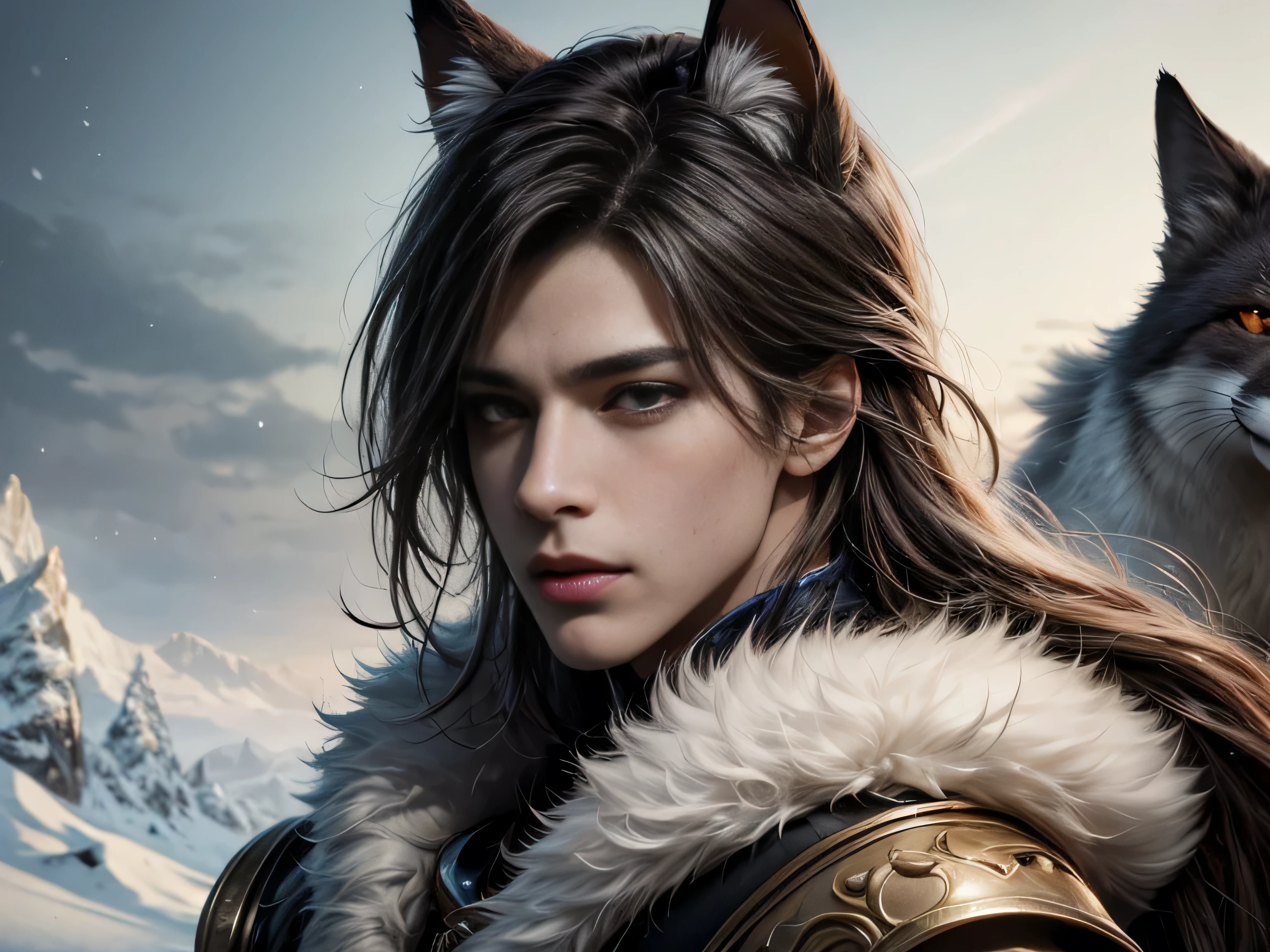 (Best Quality, 8K, Masterpiece, HDR, Soft Lighting, Picture Perfect, Realistic, Vivid), Black-haired guy with fox ears and baby fox animal lie on the snow, on the mountainside, Anime Illustrations, Beautiful Illustrations, Exquisite Digital Illustrations, Realistic digital anime, realistic digital anime art, (ultra high quality fantasy art), masterpiece, male model, ultra high quality male character designs, anime art with 8k development, realistic anime art, highest quality wallpaper illustrations, complex ultra high quality accurate male characters faces, high quality design and accurate physics (super-quality fantasy style)), art, dark fantasy)) Style), masterpieces, super-quality characters, anime resolution - 8K, realistic anime art, wallpapers with the highest quality illustrations, ultra-high detail of faces, high-quality design and physics accuracy), color, depth of field, shadows, ray tracing, production of high-quality computer wallpapers and 8K resolution, (Accurate simulation of the interaction of light and materials)], [High-quality detailed hair [More about beautiful and shiny red hair]], (Beautifully detailed hands [perfect fingers [Perfect nails]], (perfect anatomy (perfect proportions)))) [[Full length]], [Perfect color combination (Accurate imitation of the interaction of light and material)], [art that conveys the meaning of the story ]