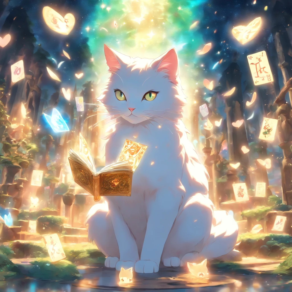 A white cat enjoying fortune telling with tarot cards in a fantastical atmosphere。The cat has fluffy white fur、She has beautiful eyes。The cat is holding a tarot card、A girl is doing fortune telling seriously.。Soft light shines into the background、Stars and Moon、Magical forest elements are scattered throughout。Overall, a dreamy fantasy world unfolds.、Heals the hearts of those who see it