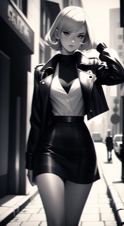 20 year old female detective, blonde hair with short bangs, detailed, toned body, Noir et blanc, monochrome, femme fatale, black top, plaid skirt, long trench coat, walking down a street