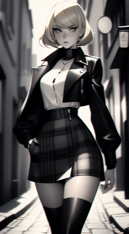 20 year old female detective, blonde hair with short bangs, detailed, toned body, Noir et blanc, monochrome, femme fatale, black top, plaid skirt, long trench coat, walking down a street 