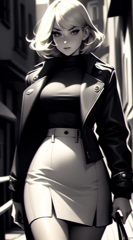 20 year old female detective, blonde hair with short bangs, detailed, toned body, Noir et blanc, monochrome, femme fatale, black top, plaid skirt, long trench coat, walking down a street 