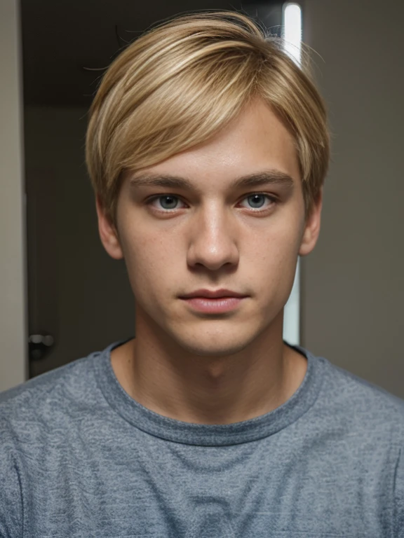 Dan, a high school boy, has a dark face, blue eyes, and blonde hair, short hair, Dark skin, square face shape, Man.