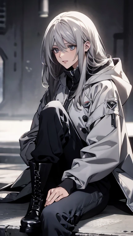 (Confused, High resolution, Very detailed), 1 female, Silver Hair,Long Hair,Black pilot suit,white hooded coat,Black trousers,Knee-high boots,24th generation,beauty,mature,thin,quiet,Calm,Sleep,Sitting cross-legged,Hanger,