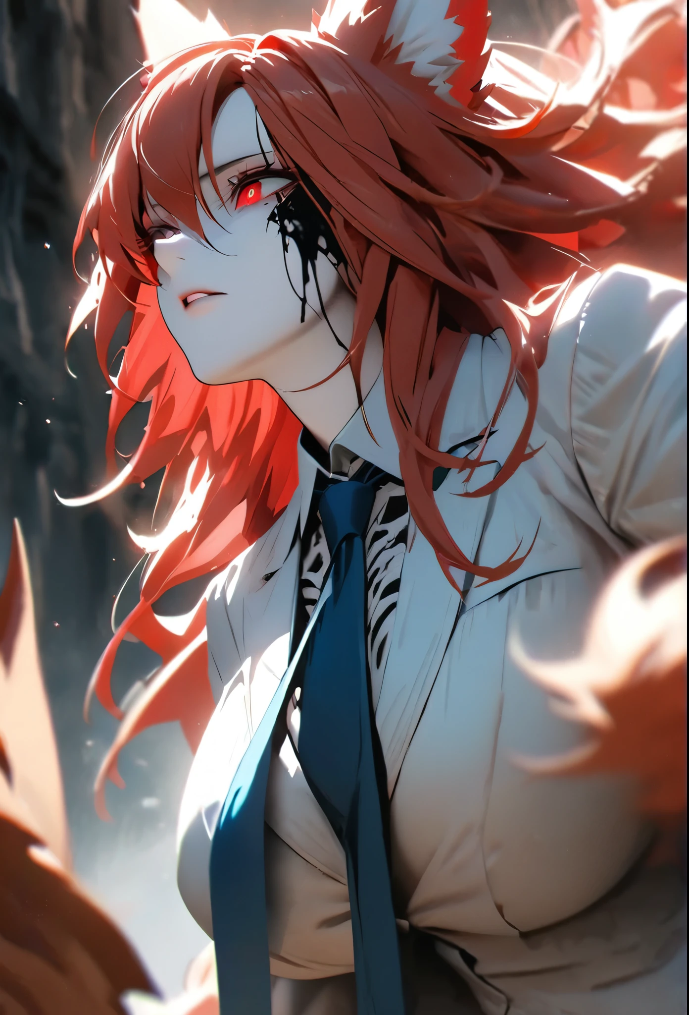 (solo), red hair, messy hair, mane hair, Long hair, dense hair, wild hair, expressive hair, mature,(25 year old), pale skin, red eyes, ((Female)), beatiful girl, wearing a white suit, blue tie, beautiful, attractive, fox ears, red fox ears, Monster, half skeleton face, Ribs showing, black liquid, Giant breast, Attack position, eye reflection, depth of field, thunder aura,cinematic lighting, ray tracing, depth of field, cinematic lighting, ray tracing, UHD, high details, best quality, highres, high quality, award winning, super detail, masterpiece, 8k, UHD, high details, best quality, highres, high quality, award winning, super detail, masterpiece, 8k, digital art, anime coloring, body shot, good face, perfect face, detailed face, good eyes. Dark closet.