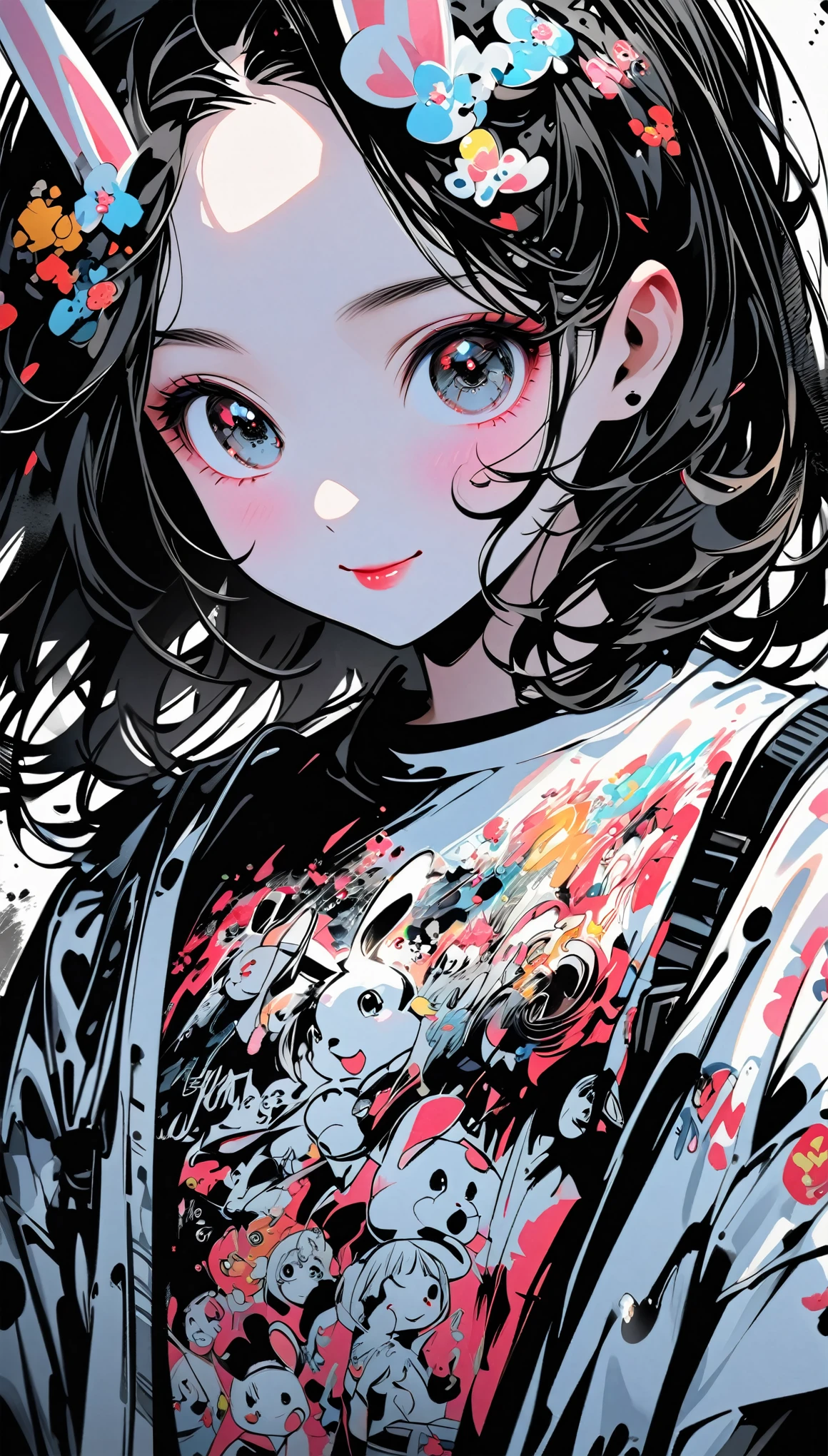 Create digital artwork in pop art style、Ink style、Drawing with black ink on white paper、We paid attention to every detail of the smiling bunny girl.。、Street Fashion、Surrounded by a retro bunny pattern、Black and white brushstrokes、Emotions must be dynamic、Upper Body、~ ~ side、、shape、White and black ink、thin ink line、The brushstrokes are very detailed and dynamic、Use precise lines to express shadows、Delicate and accurate expression、modern Art、Different stroke styles，Each has its own advantages and disadvantages、