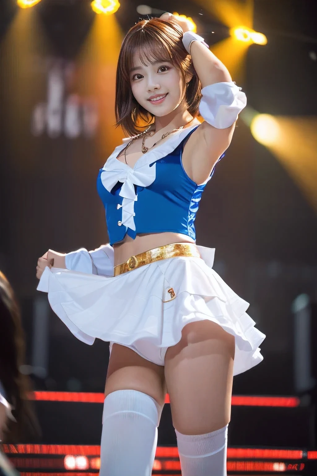 (An 18-year-old idol girl dancing on stage:1.5)、(Cute smile:1.2)、(The best quality at its best:1.4), (Super detailed), (Very detailed CG unified 16k), Beautiful woman with perfect figure: 1.4, Sharp focus: 1.2, Very detailed, High-quality RAW color photos, Professional photography, Great face and eyes, cosmetics, (Amazingly beautiful girl), ((Cute idol costumes:1.5)), Sexy posture，(View from below), Realistic movie faces, Full body long view from head to toe, Realistic, ((Realistic natural orange red hairstyle, Realistic blue eyes)), ( Short Bob Hair:1.5), (necklace:1.5)、, Very beautiful face, Perfect model beauty, Mouth swelling, Highly detailed face and skin texture, Fine grain, double eyelid, Medium chest, (masterpiece), highest quality, High resolution, Very detailed, Blurred Background, Depth of written boundary, Cinema Lighting, Great legs, , Clear, well-maintained skin,