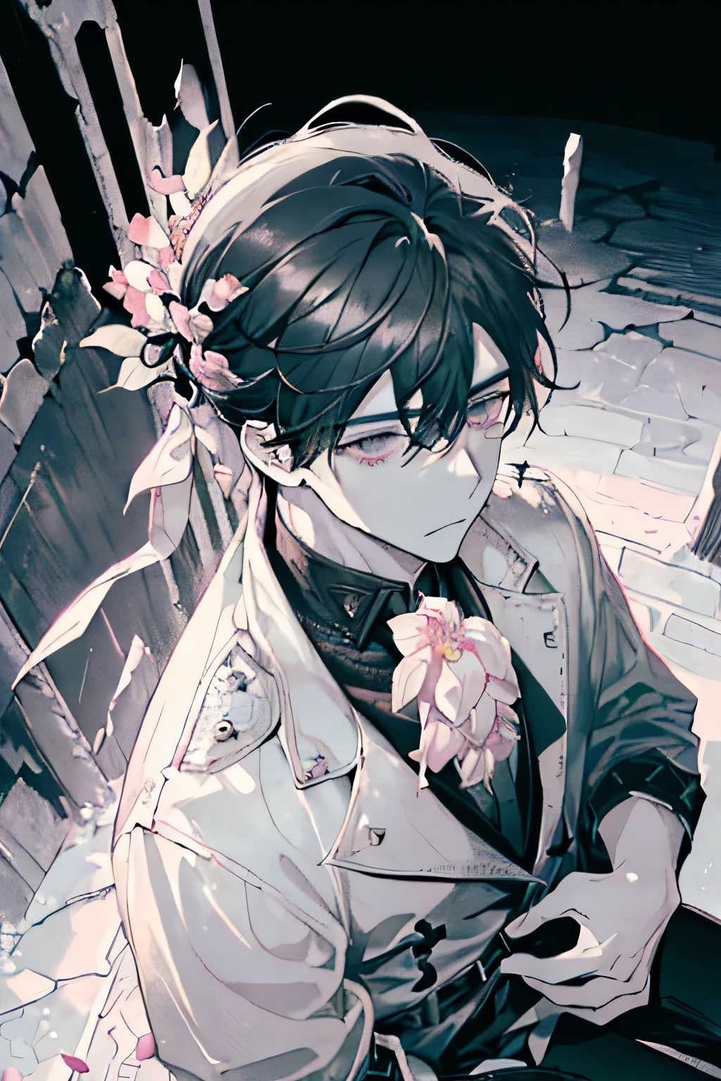 ((A ruined city full of rubble)),(After the war),((Vast landscape covered with rubble)),(A boy in ragged clothes),((black hair)),(Lifeless eyes),((sit down，Place your knees on the ground on both sides)),((Look up at me)),(Mouth sLightly open),((Light pink eyes)),((monochrome world)),((Black,grey,Light)),((Hair accessories decorated with many dark pink jewels)),((holding a flower in hand)),((View from directly above)),(Sharp eye Light),(((Adult male))),Face clarity，The white of the eye is distinct，Five fingers，Expressionless