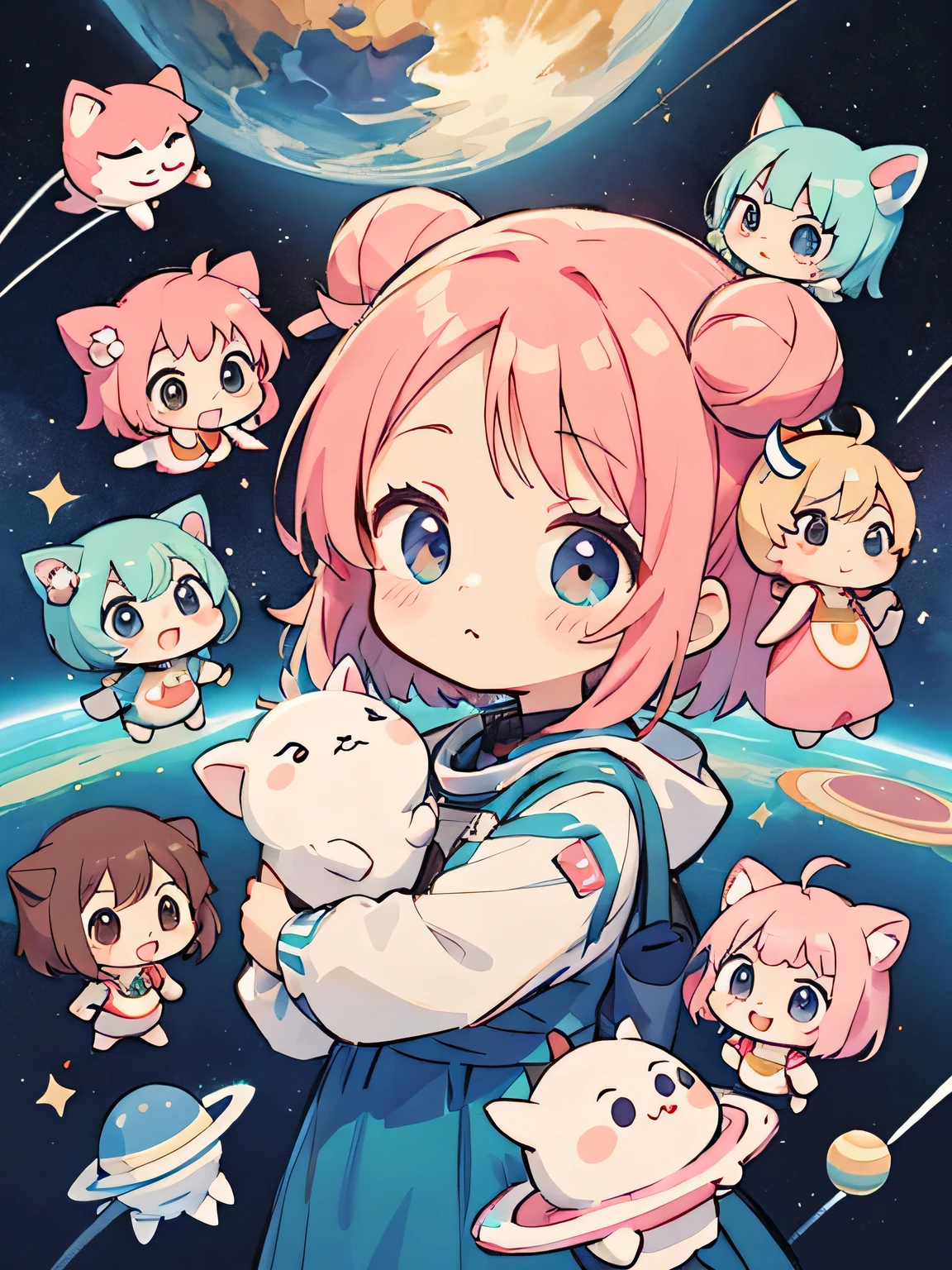 Momoko Sakura style, Kawaii Design, (((10 people)))、most beautiful girl ever、Chibi, Colorful bob hair、((Lots of friends))、Space travel together