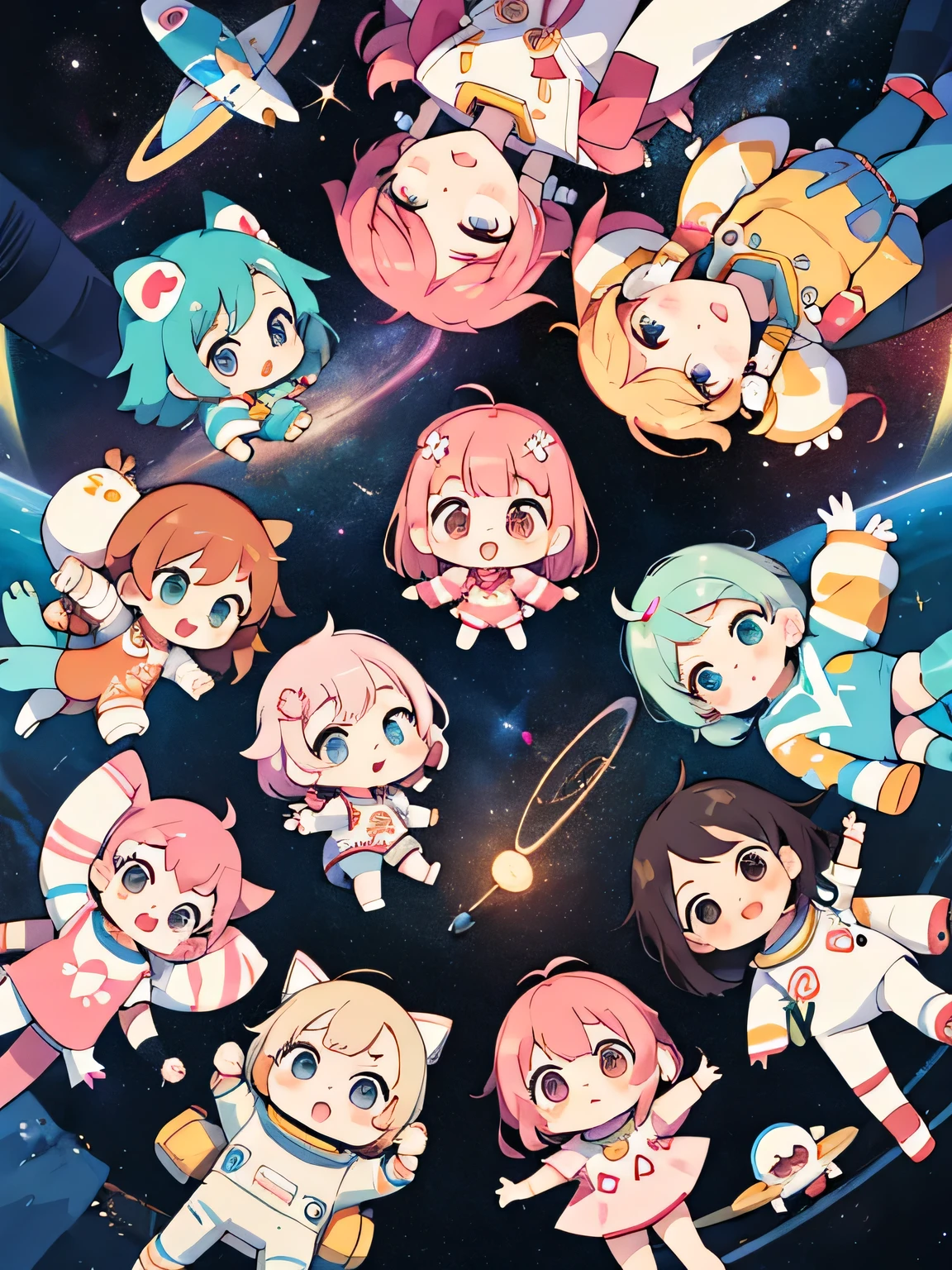 Momoko Sakura style, Kawaii Design, (((10 people)))、most beautiful girl ever、Chibi, Colorful bob hair、((Lots of friends))、Space travel together
