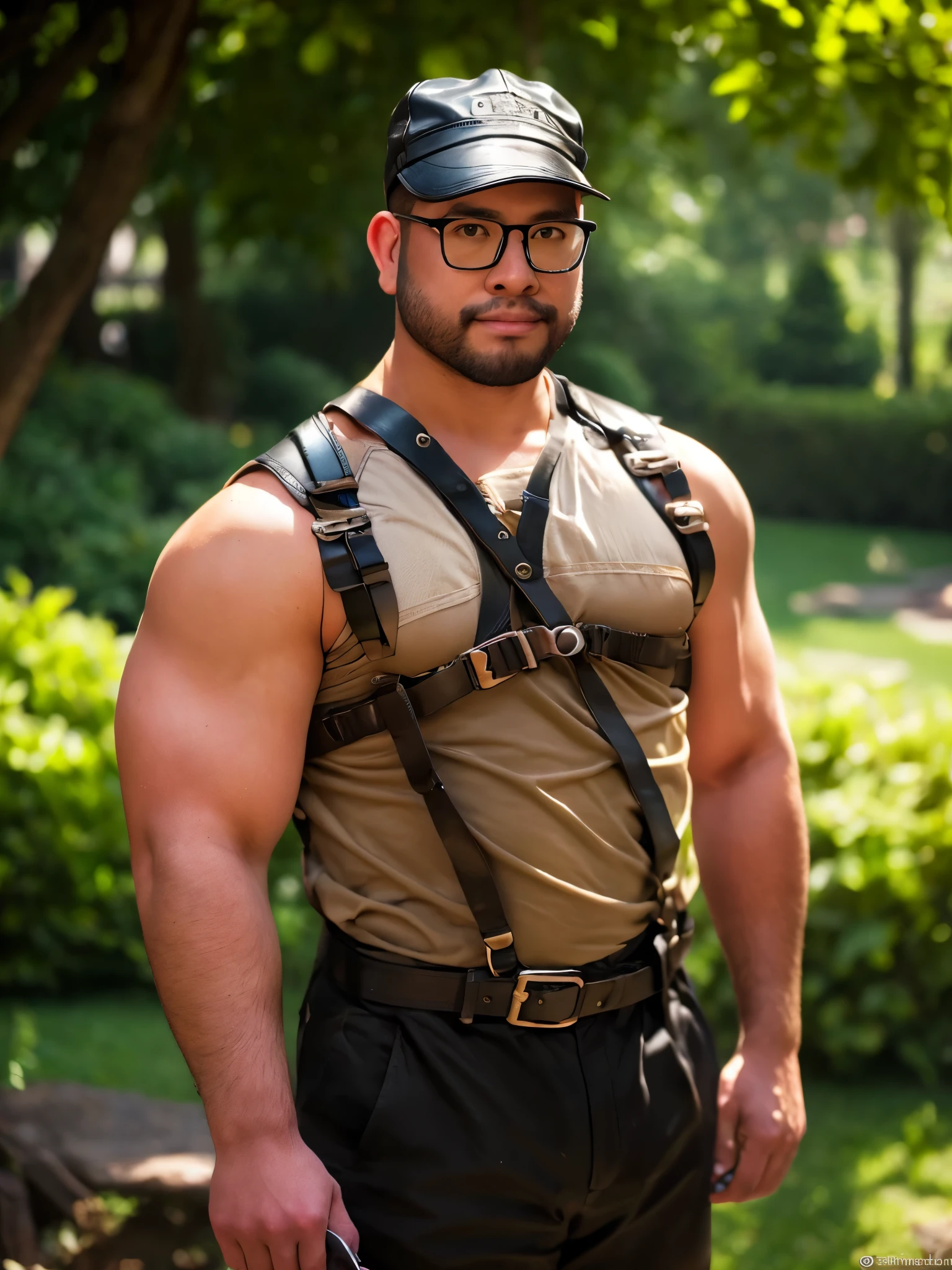 An award-winning original photo, a handsome 35-year-old man, crew cut, full body, mature man, [slightly fat], asian, brown eyes, glasses, (((slightly balding))), 1boy, Solo, (big shoulder), stubbles, (Short beard), Dynamic Angle, volumetric lighting, (Best quality, A high resolution, Photorealistic), Cinematic lighting, Masterpiece, RAW photo, Intricate details, hdr, depth of field, landscape, bdsm, bdsm dungeon, harness, leather hat, 