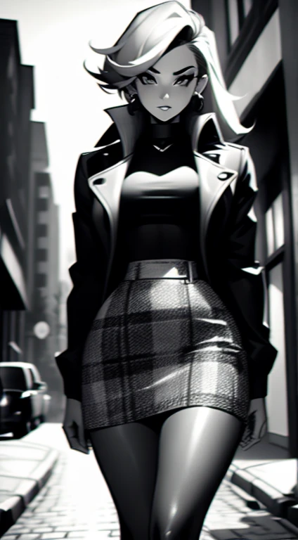 20 year old female detective, detailed, toned body, Noir et blanc, monochrome, femme fatale, black top, plaid skirt, long trench coat, walking down a street 