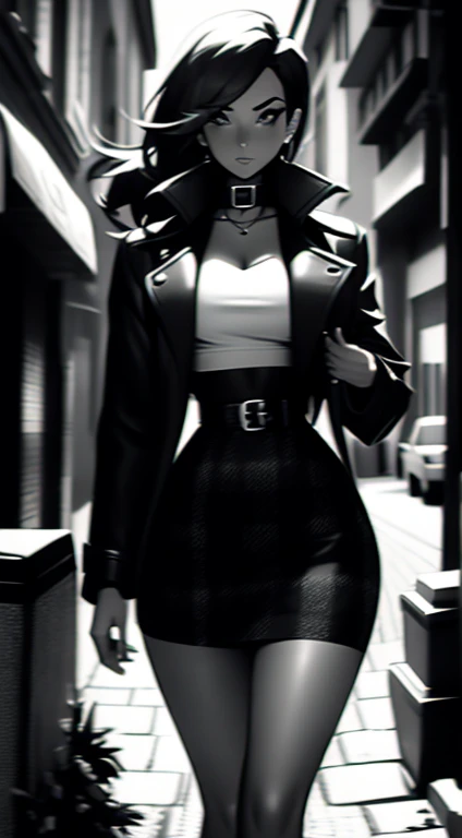 20 year old female detective, detailed, toned body, Noir et blanc, monochrome, femme fatale, black top, plaid skirt, long trench coat, walking down a street