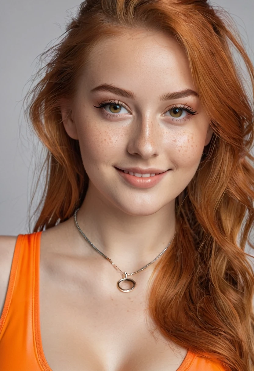 hyperrealistic beautiful busty 18-year-old teen girl with long legs wearing wetlook orange skinny swimsuit and sneakers, model shooting full body photography, natural redhead with long ponytail, freckles, dark eye makeup with eyeliner, seductive smile, small necklace, 8K, Best quality, Meisterwerk, ultra high resolution, (Realismus: 1.4), Originalfoto, (realistische Hautstruktur: 1.3), (Filmkorn: 1.3), (Selfie-Winkel), 1 girl, Beautiful round hazel eyes and facial details, Meisterwerk, Best quality, studio photography