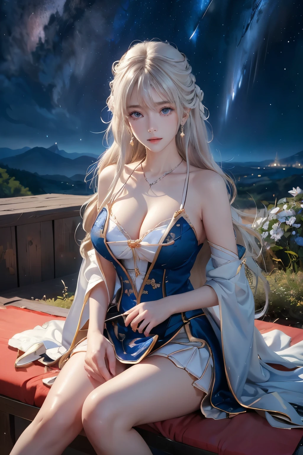 Nao Tomori/(Charlotte/), anime style, (epic landscape)!!!, UHD, masterpiece, high quality, high details, best quality, highres, HD, 4K, depth of field, light over face, symmetry, Hasselblad, an extremely delicate and beautiful, extremely detailed, Amazing, finely detail, masterpiece, best quality, official art, Highres, incredibly Highres, huge filesize, ultra-detailed, highres, extremely detailed, beautiful detailed girl,  female focus, mature female, (sexy Asian female:1.45), adult, ultra white skin, delicate face, delicate skin, realistic skin, make over face, (looking at sky)!!, (curvy hair with double tied up)!!, (bare shoulders)!!, blush, closed mouth, seductive smile, fresh lips, detached sleeves, earrings, fingernails, hair between eyes,  White hair bangs, (ultra shine white hair)!!, very long hair, detailed realistic hair, (white one piece clothes)!!!, detailed realistic clothes, neck garter, necklace, plump breasts, (breast cleavage)!!, super seductive temptation, open skirt, slim legs, petticoat, fishnet legs, stockigs, smooth thighs cleavage, garter thighs, armpit, erotic, nontraditional Nao Tomori, (sharp eyes)!!, (eye's pupils colored by Blue:1.25)!!, (homochromatic eyes)!!, (exposed eyes)!!, Fantasy art, starlit city, starry night, fantasy world, Mystycal Sky, celestial beauty, enchanted evening, magical scenery, dreamy vista, futuristic fantasy, mystic mountains, night sky magic, fairy tale setting, cosmic view, mytichal city, ethereal night, fantasy journey, legendary land,  (1girl sit down at hill with full of flower)!!!!, 1girl looking at the sky, Nao Tomori/(Charlotte/), (correct anatomically)!!