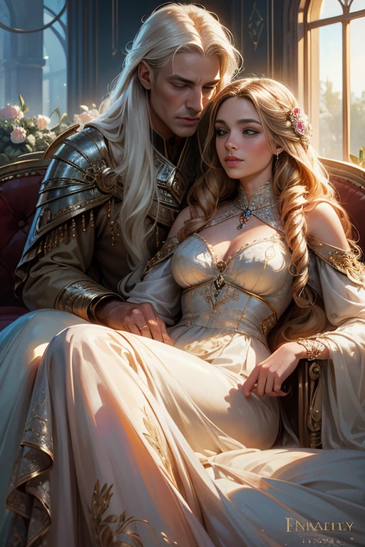(masterpiece, highest quality, high resolution, 8k, difficulty: 1.2) photorealistic book cover in the genre of epic romantic fantasy, centered on a COUPLE (man and woman). Spring romantic fantasy in the center - a handsome tall handsome manly young man with long white hair up to half of his body, wearing armor, with a beautiful face stands behind a beautiful incredibly beautiful young femme fatale with long golden hair in a bright French dress, proportional, delicate, shimmering, beautiful faces, daytime bokeh, a fairy tale, mysterious, light spring color gamma, (Best quality, 8K, high resolution, Masterpiece: 1,2), Over-detailed (Realistic, Photorealistic, photorealistic-realistic: 1,37), Artistic design in a creative style, Historical, Classic, Exquisite, many colors, High detail, soft lighting, luxurious furnishings, dress with details, Bright flowers, exquisite jewelry, Unearthly atmosphere, Elegant pose, Graceful curves, Golden proportions of the body, Loose hair, Breathtaking textile patterns, Piercing blue eyes, Delicate floral decor, Dazzling set of crystal accessories, Mysterious and dreamy atmosphere, Impeccable attention to detail.