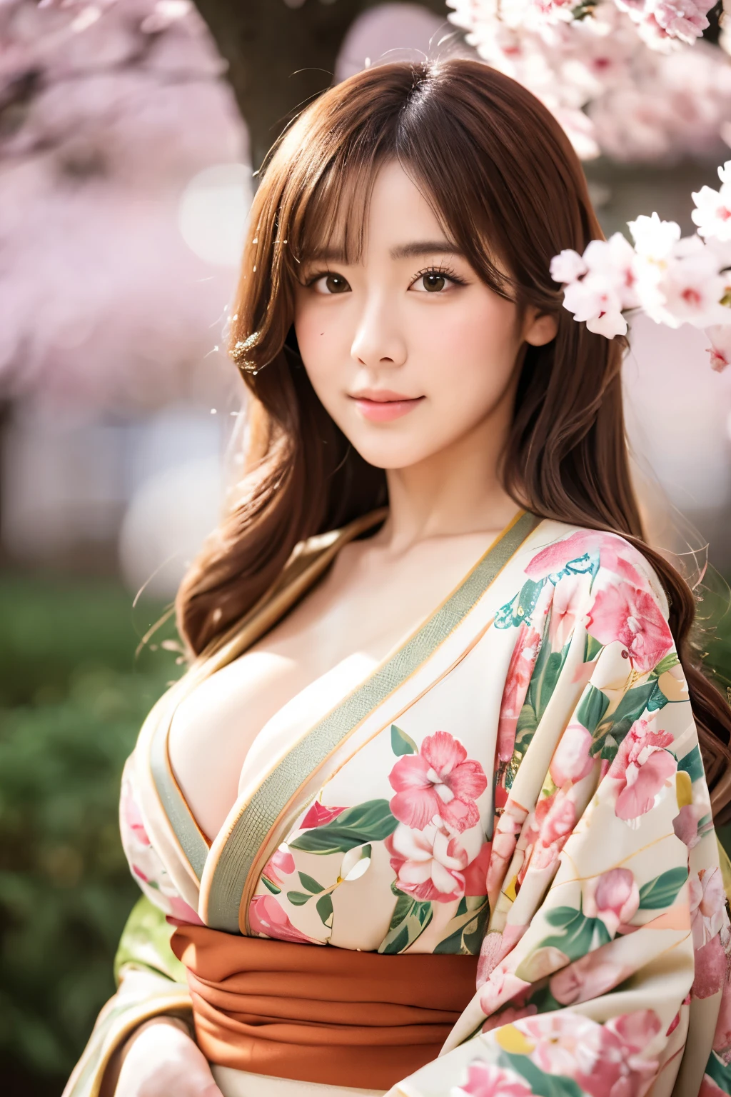 Realistic, Highest quality, 8k, woman, 20-year-old, Sakura pattern kimono, Large Bust, Long Hair, Ultra-detailed skin textures, Soft Lighting, Fairy, Bokeh