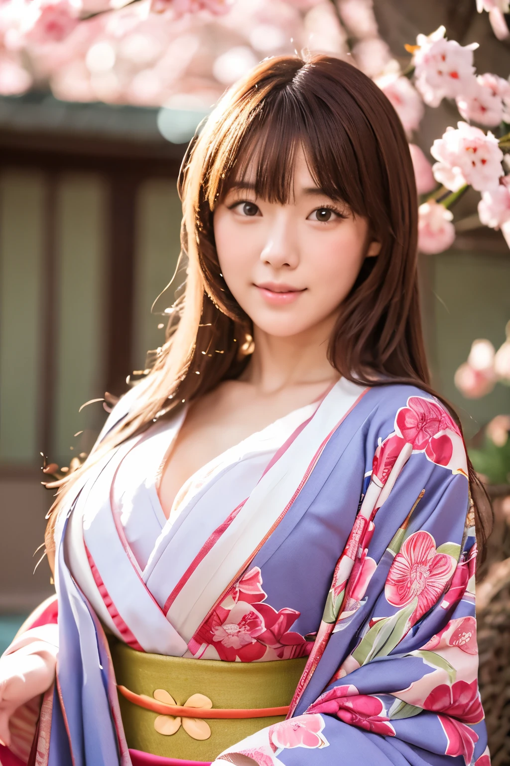 Realistic, Highest quality, 8k, woman, 20-year-old, Sakura pattern kimono, Large Bust, Long Hair, Ultra-detailed skin textures, Soft Lighting, Fairy, Bokeh