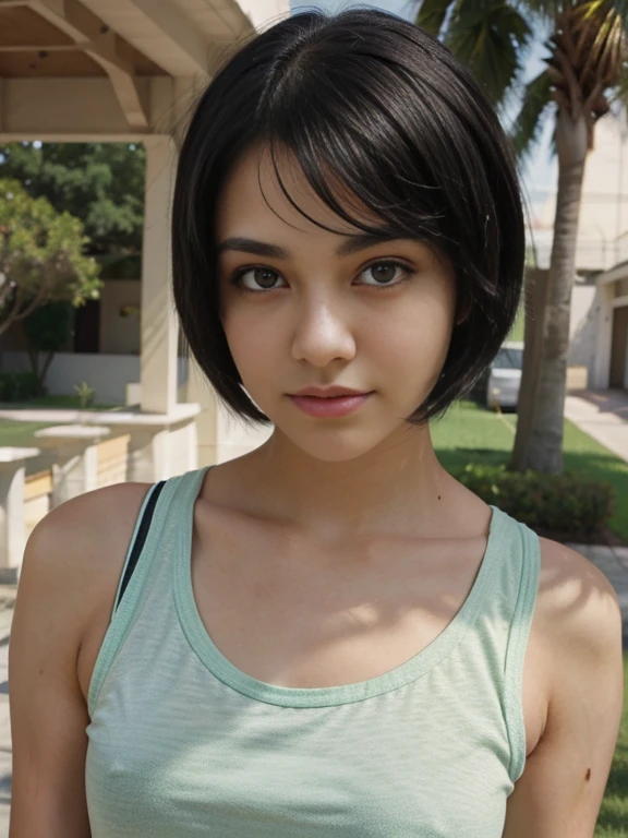 Lola, high school girl, short black hair, green eyes, female