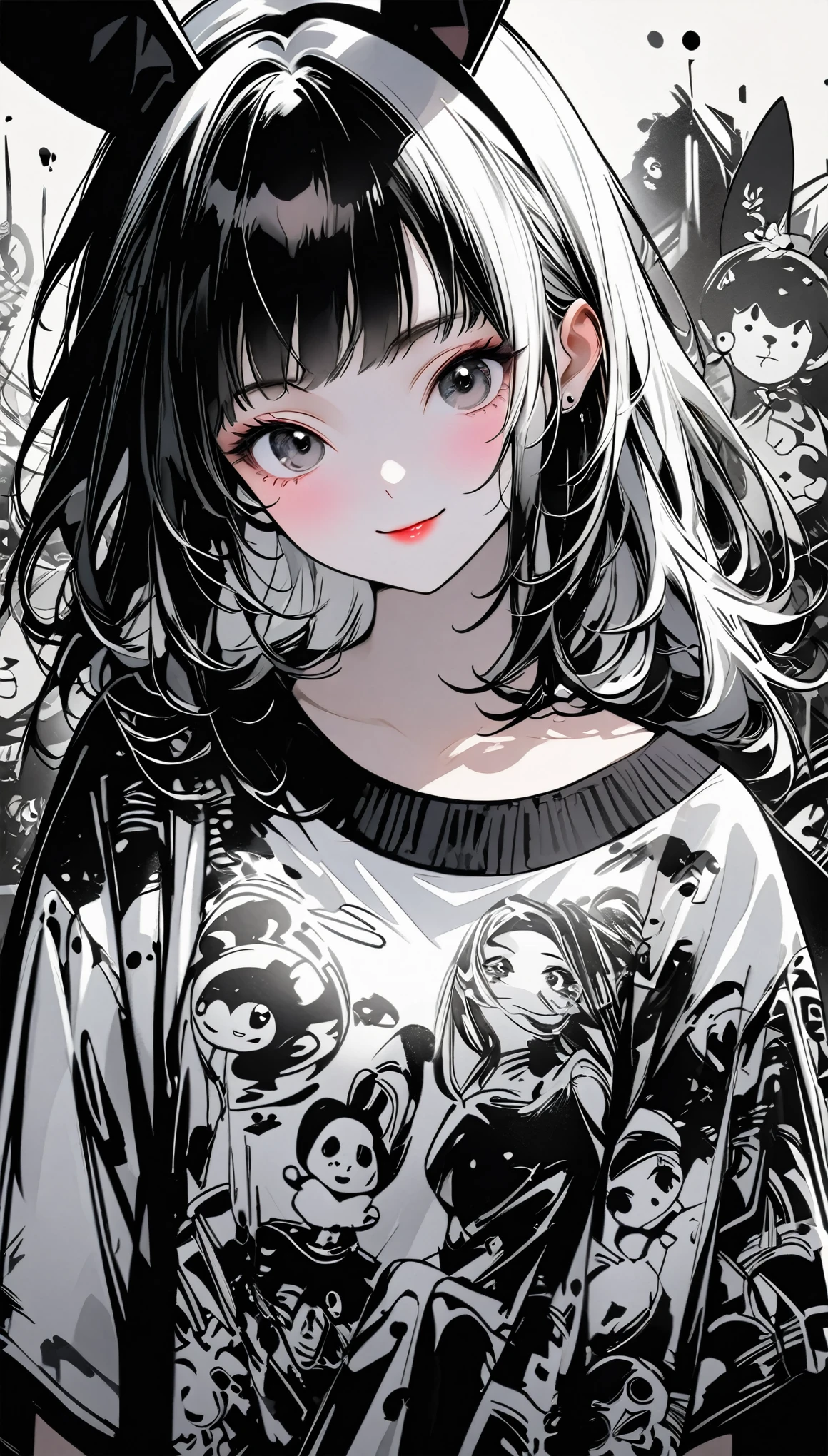 Create digital artwork in pop art style、Ink style、Drawing with black ink on white paper、We paid attention to every detail of the smiling bunny girl.。、Street Fashion、Surrounded by a retro bunny pattern、Black and white brushstrokes、Emotions must be dynamic、Upper Body、~ ~ side、、shape、White and black ink、thin ink line、The brushstrokes are very detailed and dynamic、Use precise lines to express shadows、Delicate and accurate expression、modern Art、Different stroke styles,Each has its own advantages and disadvantages、