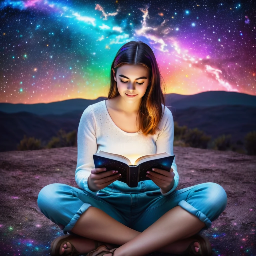 realistic photography of a young woman sitting in the stars and reading a colored shining book, rainbow colored cosmic nebula sky background, stars, galaxies